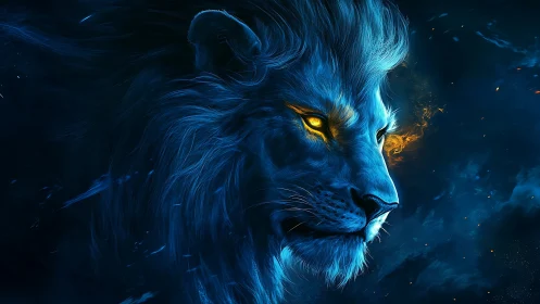 Bioluminescent blue lion profile with fiery luminous eyes