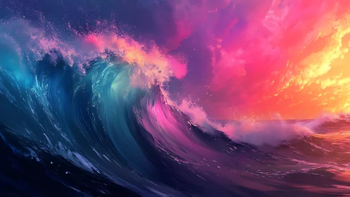 Radiant sunset waves curl under a vibrant painted sky