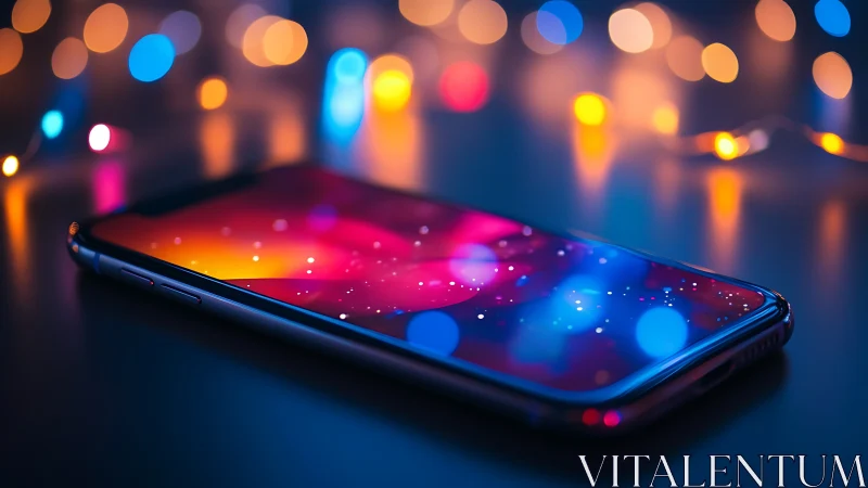 Edge-lit smartphone on reflective surface with bokeh lighting