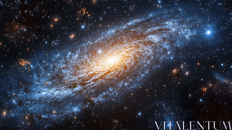 Spiral galaxy core glows amid dense blue starfield structure