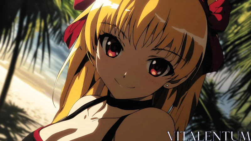 Sunlit anime girl with red ribbons on tropical beach.