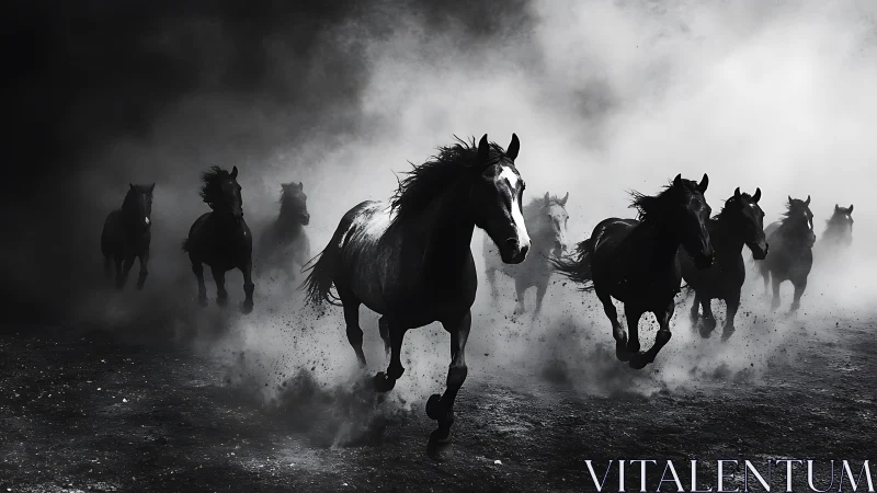 Galloping horses charge through dense swirling dust cloud