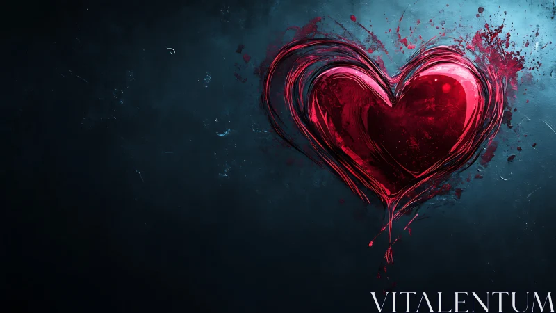 Glowing red heart explodes with passion against dark teal backdrop