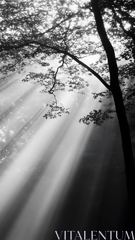 High-contrast forest canopy intersected by volumetric sunbeams