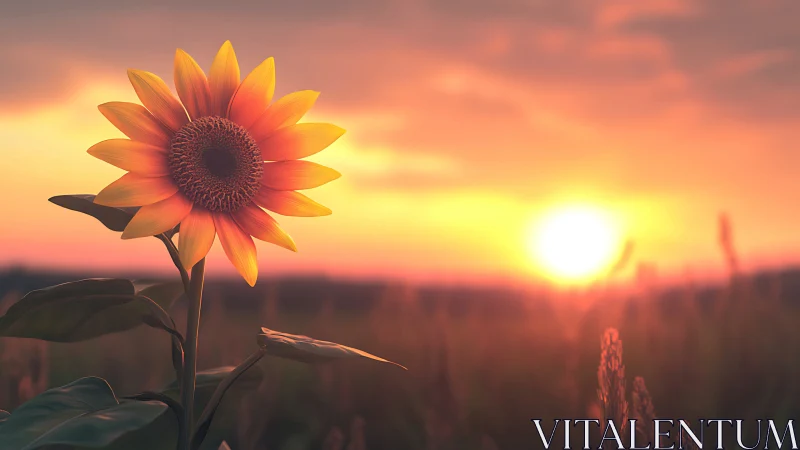 Single sunflower in shallow-focus field at warm sunset glow