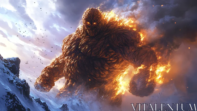 Molten mountain titan striding through a storm of fire.