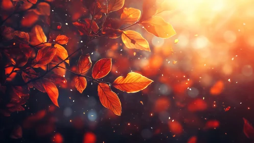 Glowing autumn leaves against warm sunset bokeh light.