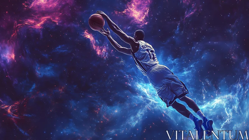 Basketball player midair dunk in stylized cosmic space scene.