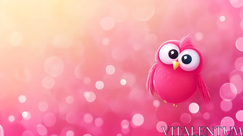 Cute Pink Cartoon Owl on Soft Bokeh Background, Digital Art Style.