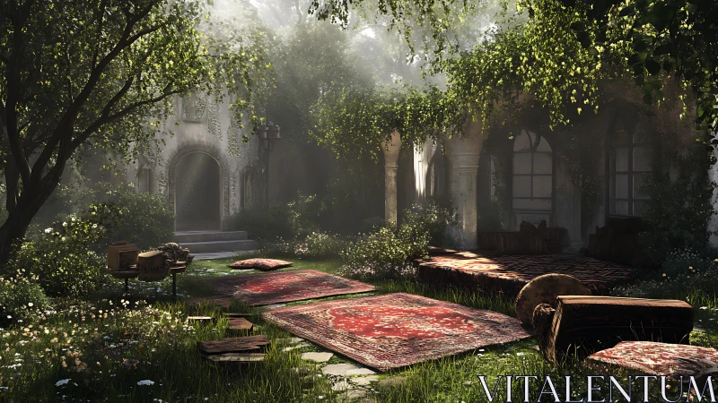 Sunlit courtyard retreat with overgrown rugs and arches.