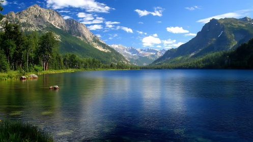 Mountain lake with forested slopes under clear sky.