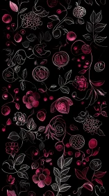 Botanical Garden of Pink: Flowers and Fruits on Midnight Canvas.