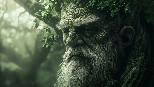 Elder Tree Guardian Portrait in Lush Forest Setting, Digital Painting.