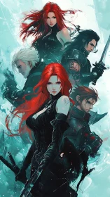 Red-haired swordfighters compose a dynamic vertical anime tableau