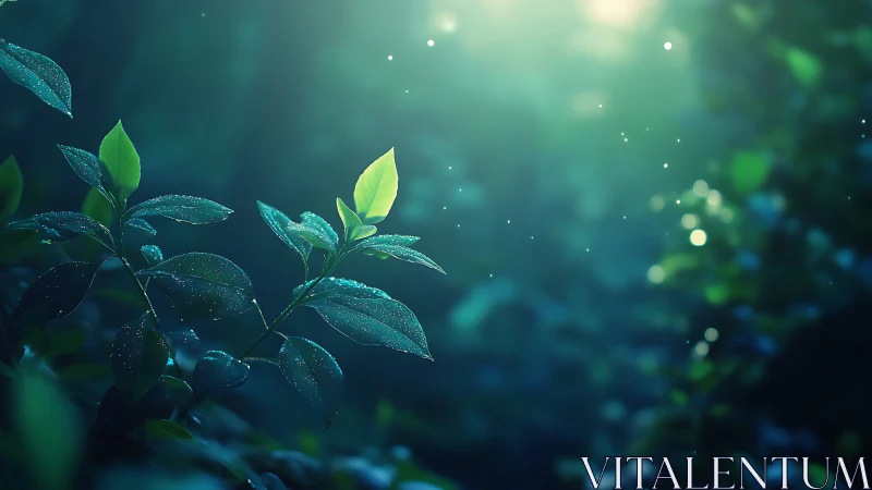 Dew-Laden Foliage Against Ethereal Bokeh Landscape.