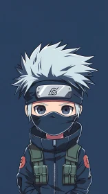 Chibi ninja character stands centered in dark blue space