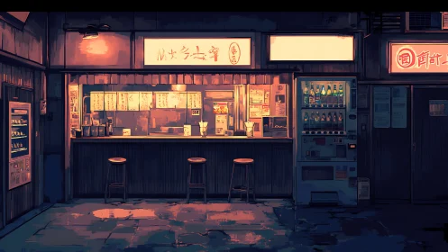 Neon lit ramen stand with stools and street vending machines.
