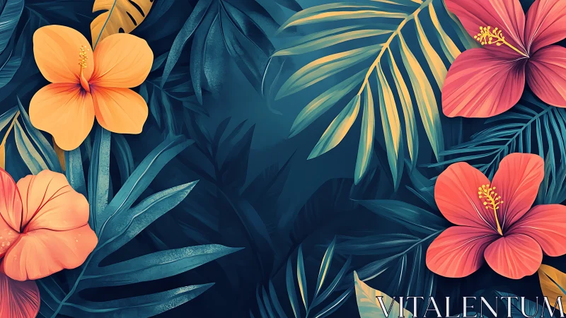 Tropical Hibiscus Flowers Among Layered Palm Fronds