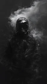 Tactical gas mask figure in dense monochrome smoke field