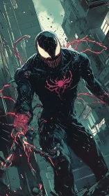 Symbiote figure advances through narrow damaged city alley