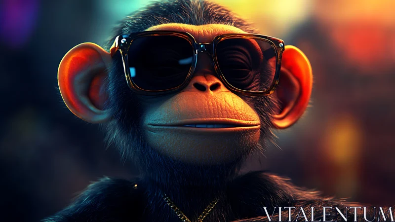 Sunglassed monkey lounges beneath neon city glow tonight