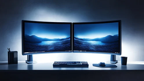 Dual curved monitors display landscape on minimalist desk