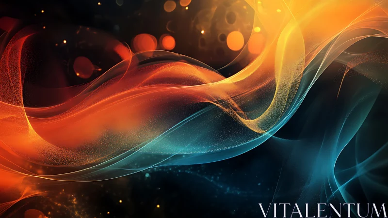 Molten ribbons of light drift between ember and ocean glow