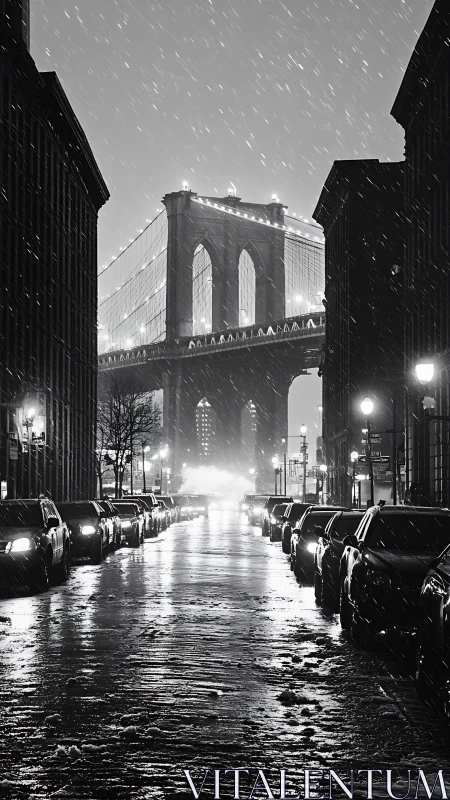 Snowy city street frames illuminated bridge at night