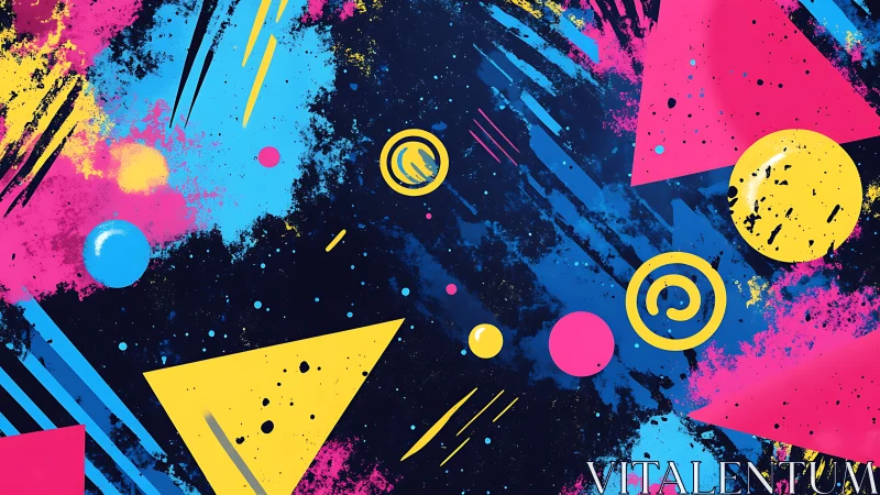 Geometric shapes overlay a dark field with layered paint effects