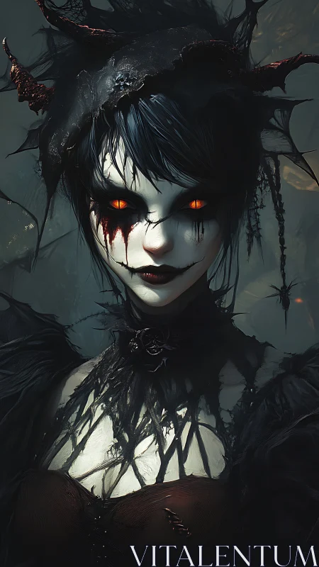 Gothic demoness portrait with ember eyes and webbed lace.