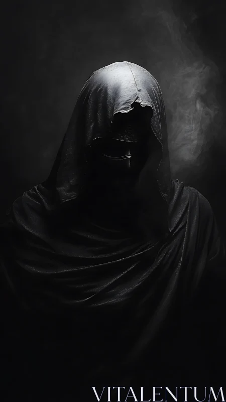 Hooded dark figure shrouded in smoke and deep shadow.