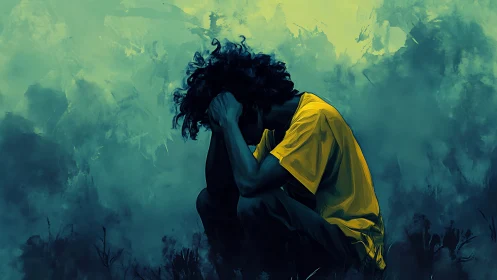 Solitary figure in despair against cyan abstract haze.