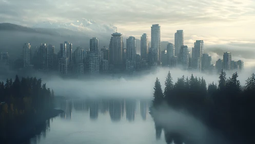 Fog-draped city skyline rises beyond reflective river at dawn