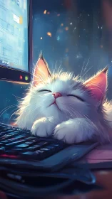 Cozy Kitten Lost in Digital Dreams at the Desk.