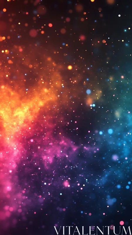 Soft cosmic sparkles drift through a rainbow night sky.