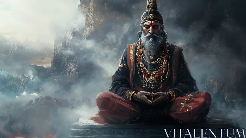 Digital painting of meditative sage amid storm-wreathed peaks.