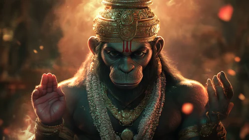 Radiant monkey deity in ember-lit divine stillness.