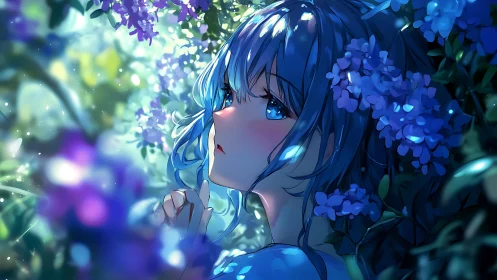 Blue haired girl in luminous lilac garden at twilight.
