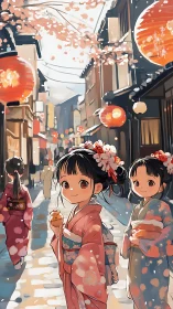 Blossom-lined festival street with joyful kimono-clad kids.