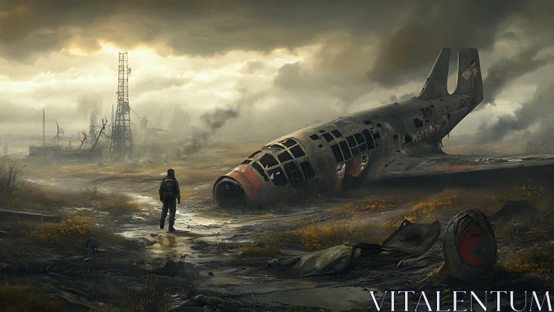 Solitary wanderer walks past a wrecked plane in moody ruins
