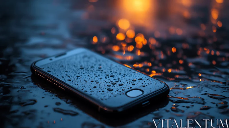 Water-Resistant Smartphone Resting on Wet Surface with Bokeh Illumination.