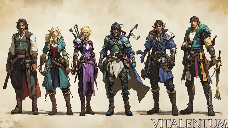 Fantasy adventuring party lineup with diverse armor, cloth and gear