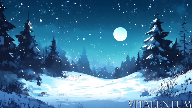 Moonlit snowfall drifts gently over a tranquil winter forest