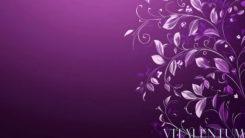 Purple gradient background with stylized floral vine pattern.