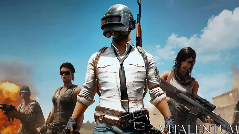 Squad of stylized battle royale soldiers under dynamic sky lighting