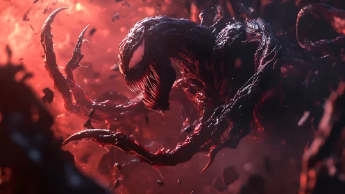 Symbiotic creature in red haze with writhing tendrils.