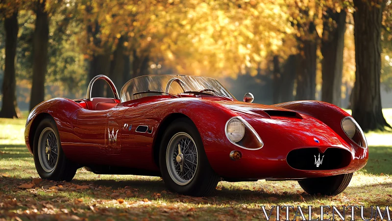 Red vintage roadster is parked on grass under tall trees