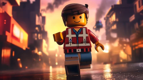 Lego minifigure running through stylized city street at dusk.