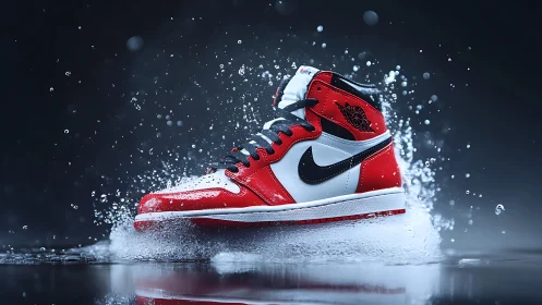 Red and white high-top sneaker splashes through water dramatically.