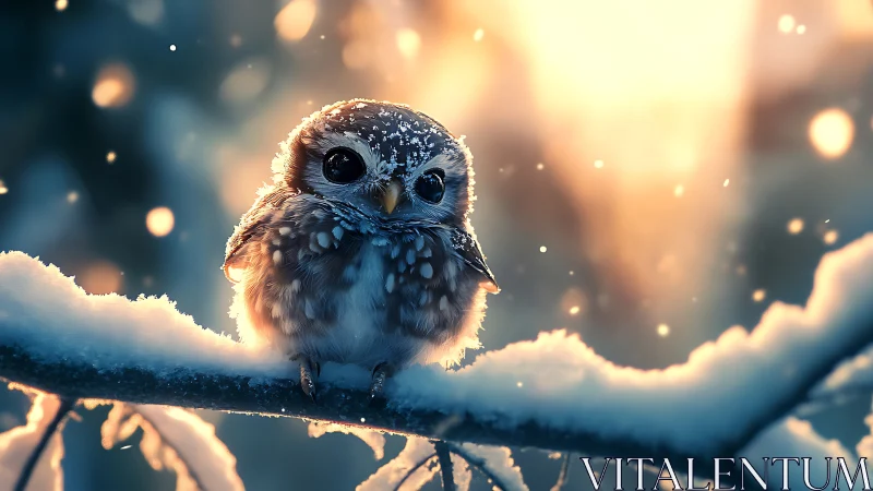 Adorable baby owl on snowy branch in warm glowing sunset light.